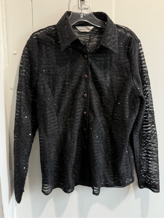 Misook Tops - Misook Sheer Sequin Black Long-Sleeve Button Front Blouse - evening party Vegas